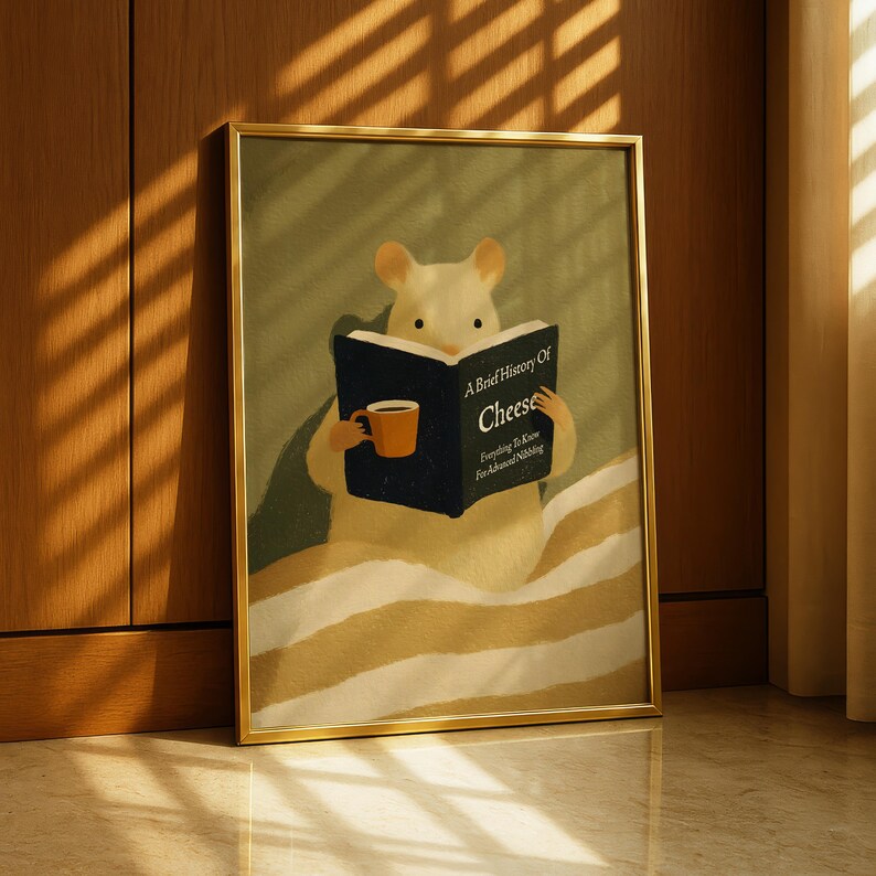 May include: A framed print depicts a cartoon mouse reading "A Brief History of Cheese" and holding a mug. The mouse is in bed with yellow and white striped bedding. The frame is gold-coloured.