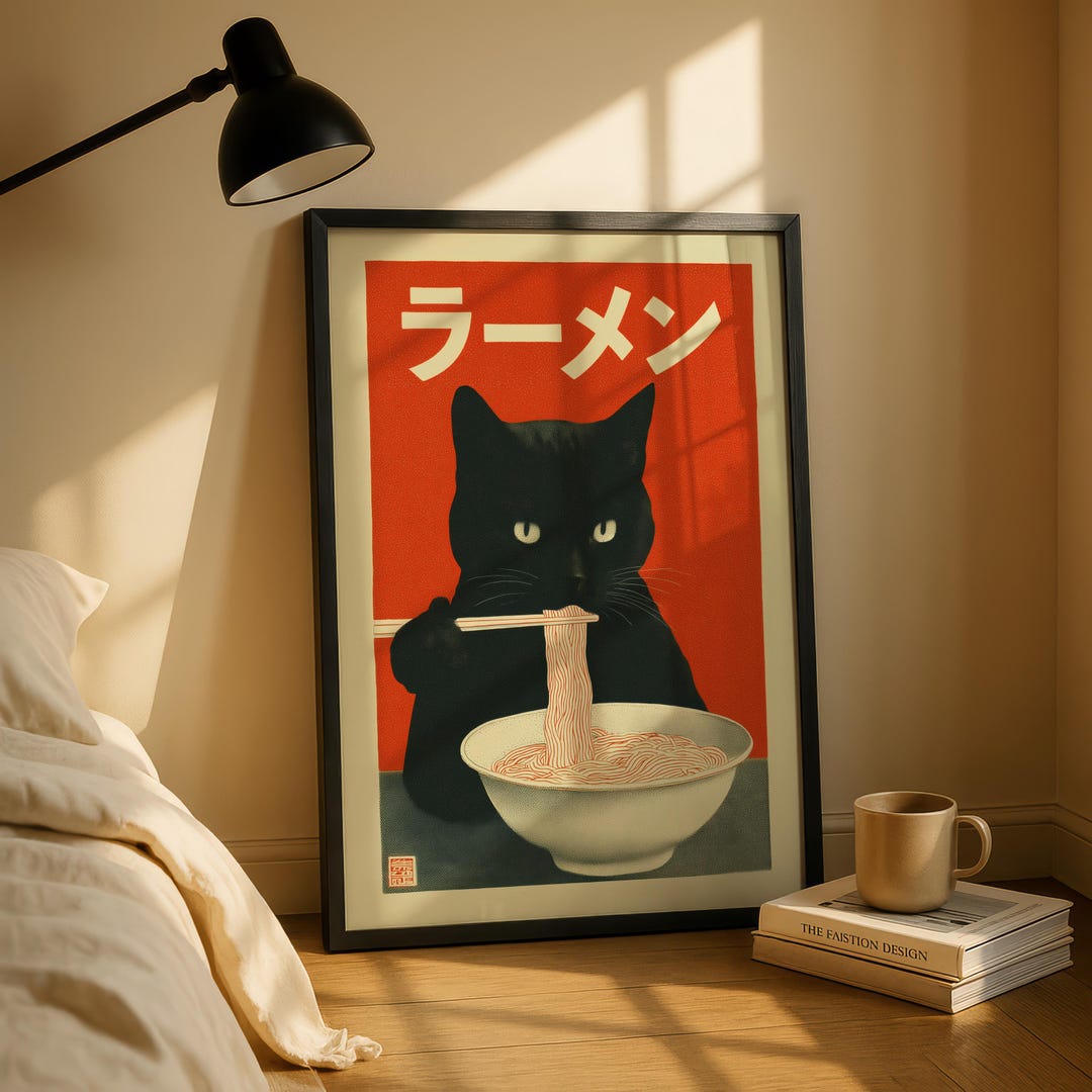 Ramen Cat Print, Vintage Cat Poster, Japanese Style Wall Art, Funny Cat ...