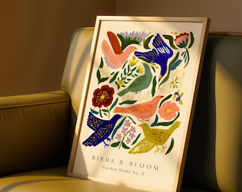 Colourful Bird & Floral Wall Art Print, Botanical Spring Birds Poster, Matisse Style Nature Artwork, Woodland Flower Art for Living Room