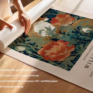 A person is rolling up a roll of 200-gram fine art paper, which is available in 11 sizes to fit a range of frames. The paper is printed on environmentally conscious, FSC-certified paper, and it is being shipped in sturdy packaging.