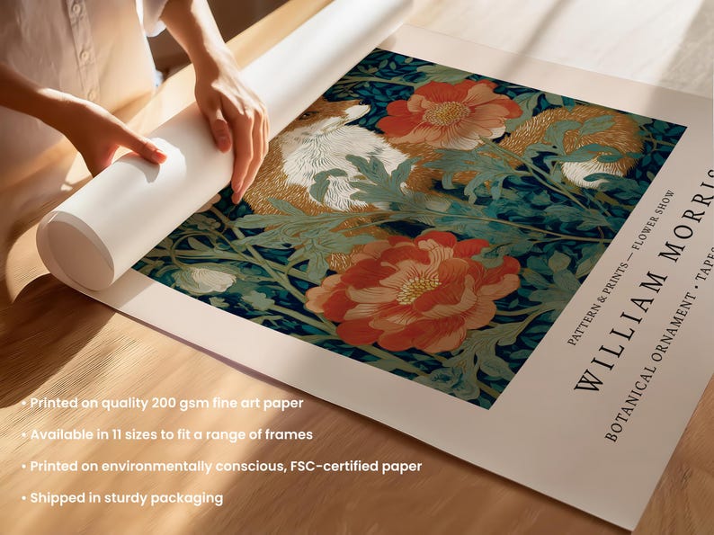 A person is rolling up a roll of 200-gram fine art paper, which is available in 11 sizes to fit a range of frames. The paper is printed on environmentally conscious, FSC-certified paper, and it is being shipped in sturdy packaging.