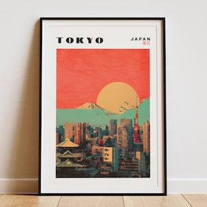 May include: A vintage-style poster with a red, orange, and yellow sunset over a cityscape. The poster says "TOKYO JAPAN 東京" in black text. The cityscape includes the Tokyo Skytree and Mount Fuji.
