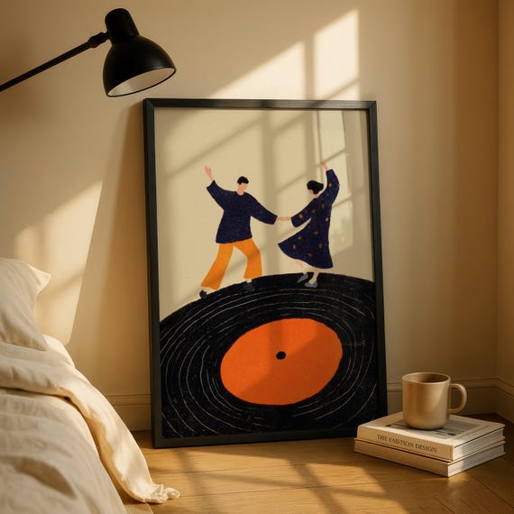 Dancing Couple Wall Art Print | Retro Vinyl Record Music Poster | Modern Music Inspired Illustration for Living Room or Valentine’s Gift