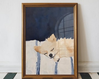 Stampa artistica da parete con Pomerania - Grazioso poster con Pomerania, regalo per gli amanti dei cani, opera d'arte raffigurante un cane Pomerania blu navy per l'arredamento della casa e per gli amanti degli animali.