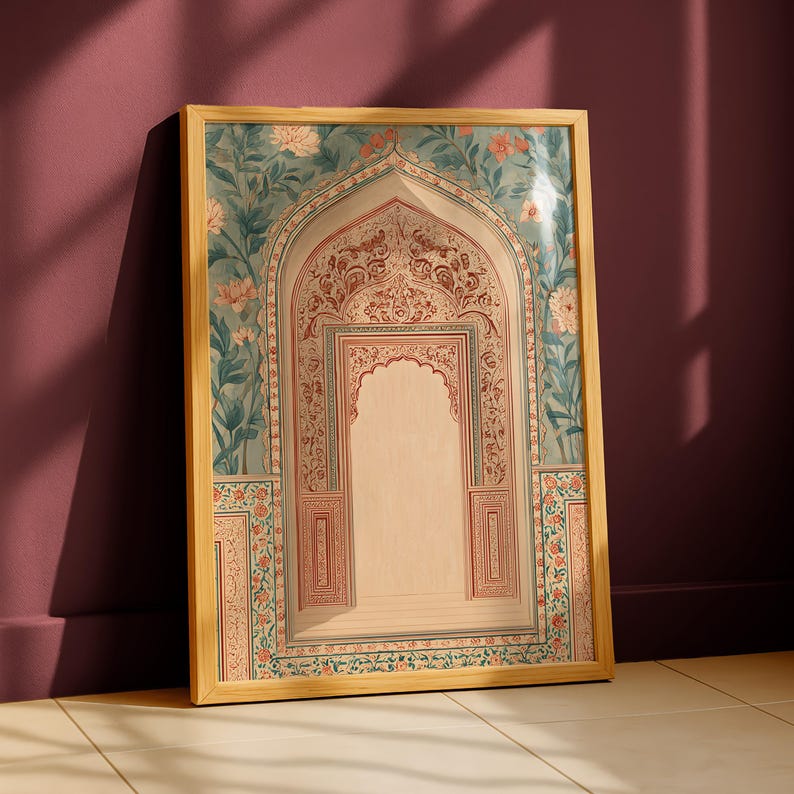 May include: A framed print featuring an ornate archway design. The artwork showcases a central arch with intricate patterns in red and cream, set against a backdrop of floral and foliage motifs in teal and peach. The frame is a warm, natural wood tone.