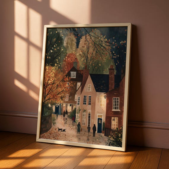 Autumn/Fall Wall Art Print, Cozy Street Scene Print, European Village Poster, Living Room Wall Art, Seasonal Home Decor – Evening Street