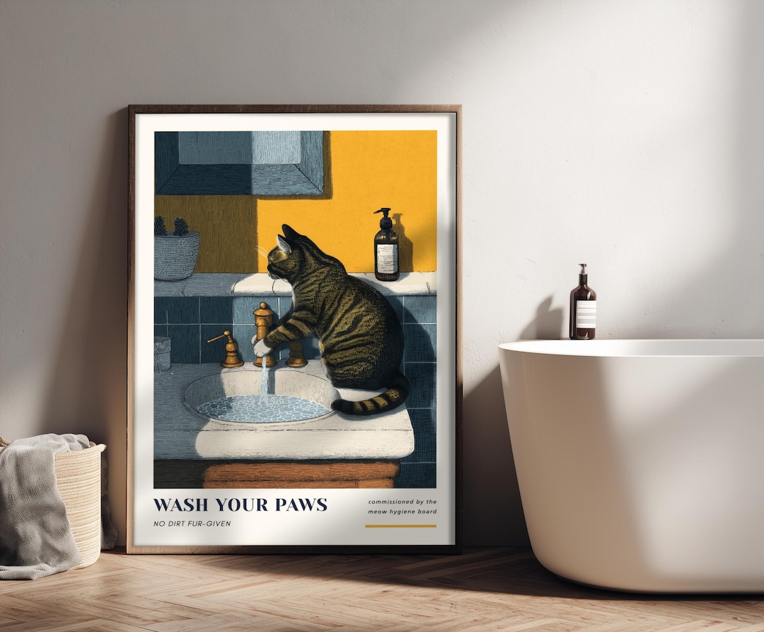 Tabby Cat Bathroom Wall Art Print – “wash Your Paws” – Grey Brown Tabby ...