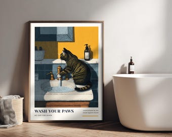 Cyperse kat badkamer muur kunst print – "Was je poten" – grijsbruine Cyperse kat kunst aan de muur, grappig toilet kunst, kattenliefhebber cadeau, dopamine decor