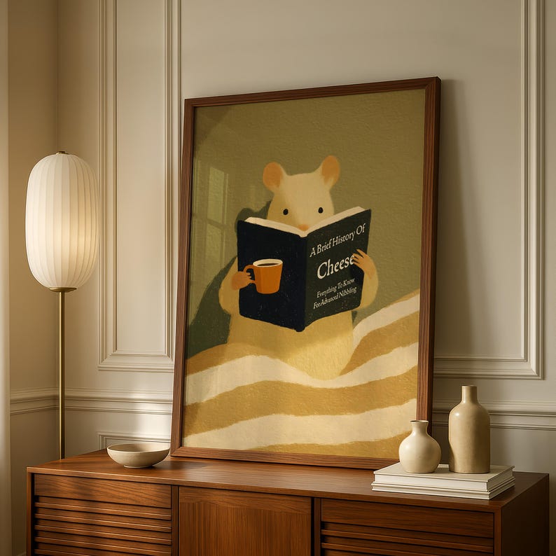 May include: A framed art print shows a mouse reading a book titled "A Brief History Of Cheese." The mouse holds an orange mug. The background features a yellow and white striped blanket. The artwork is displayed on a wooden cabinet.