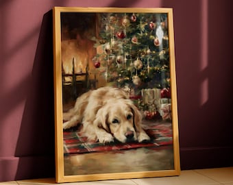 以下が含まれることがあります： 額縁に入った絵画。クリスマスツリーの前で、赤と緑のチェック柄のラグの上にゴールデンレトリバーが横たわっている。ツリーはオーナメントとライトで飾られている。背景には暖炉が見える。