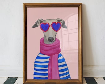 Chic Whippet Wall Art Print – Dog with Heart Sunglasses & Stripe Sweater, Cute Greyhound Artwork in 4 Background Colours, Dog Lover Gift