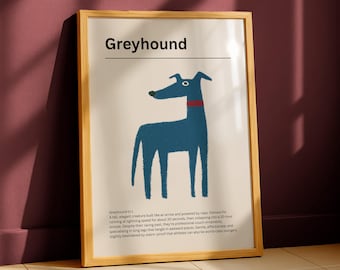 May include: A framed print featuring a blue illustration of a Greyhound dog with a red collar. The word "Greyhound" is at the top. The print is in a wooden frame and leans against a burgundy wall.