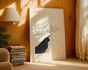 Minimalist Mountain Wall Art Print: Black & White Birds – Japanese Style Poster