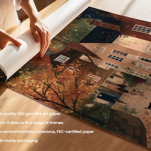 K&ouml;nnte beinhalten: Ein Kunstdruck einer Stra&szlig;enszene mit Geb&auml;uden und B&auml;umen in Herbstfarben. Der Druck wird ausgerollt und gibt das Kunstwerk frei. Das Bild enth&auml;lt Text &uuml;ber die Papierqualit&auml;t und die verf&uuml;gbaren Gr&ouml;&szlig;en.