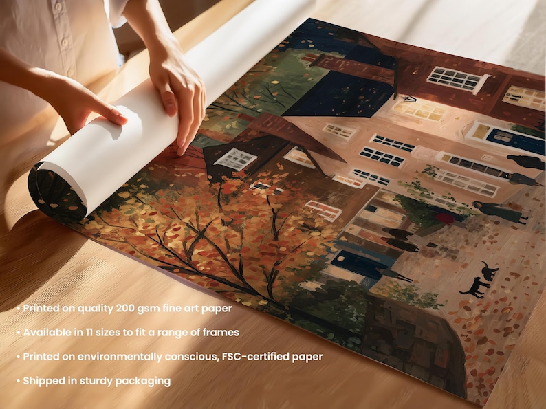 K&ouml;nnte beinhalten: Ein Kunstdruck einer Stra&szlig;enszene mit Geb&auml;uden und B&auml;umen in Herbstfarben. Der Druck wird ausgerollt und gibt das Kunstwerk frei. Das Bild enth&auml;lt Text &uuml;ber die Papierqualit&auml;t und die verf&uuml;gbaren Gr&ouml;&szlig;en.