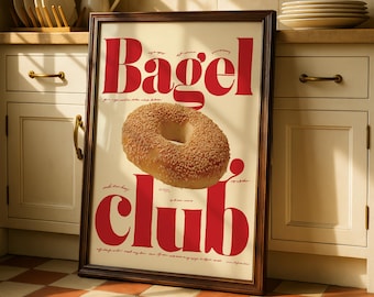 Bagel Club Kitchen Print – Retro Typography Food Poster, Modern Brunch Wall Art, Bold Red Bagel Illustration, Fun Kitchen Decor Gift