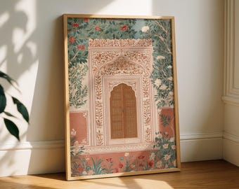 Plakat ścienny z motywem drzwi Mogołów – dekoracja inspirowana antycznym indyjskim wzorem kwiatowym – plakat w stylu boho vintage