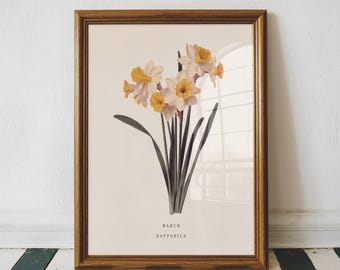 March Daffodil Birth Flower Print – Vintage Botanical Wall Art, March Birthday Gift for Her, Daffodil Flower Print