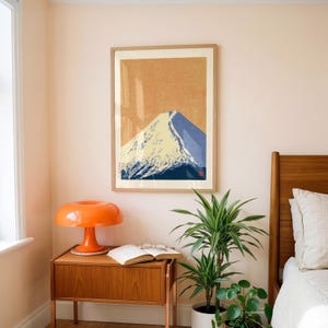 富士山プリント、ミニマルな日本の壁掛けアート、自然の美しさポスター、オレンジ色の空の装飾、心を落ち着かせる書斎アート