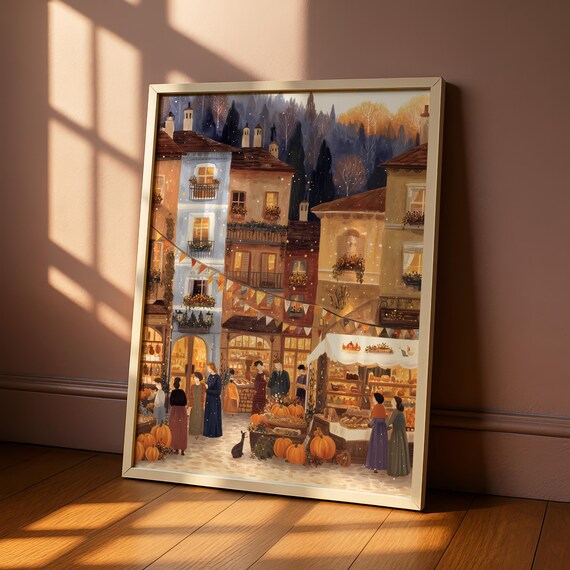 Autumn/Fall Market Wall Art Print, European Village Market Poster, Kitchen and Living Room Wall Art, Seasonal Home Decor – Harvest Market