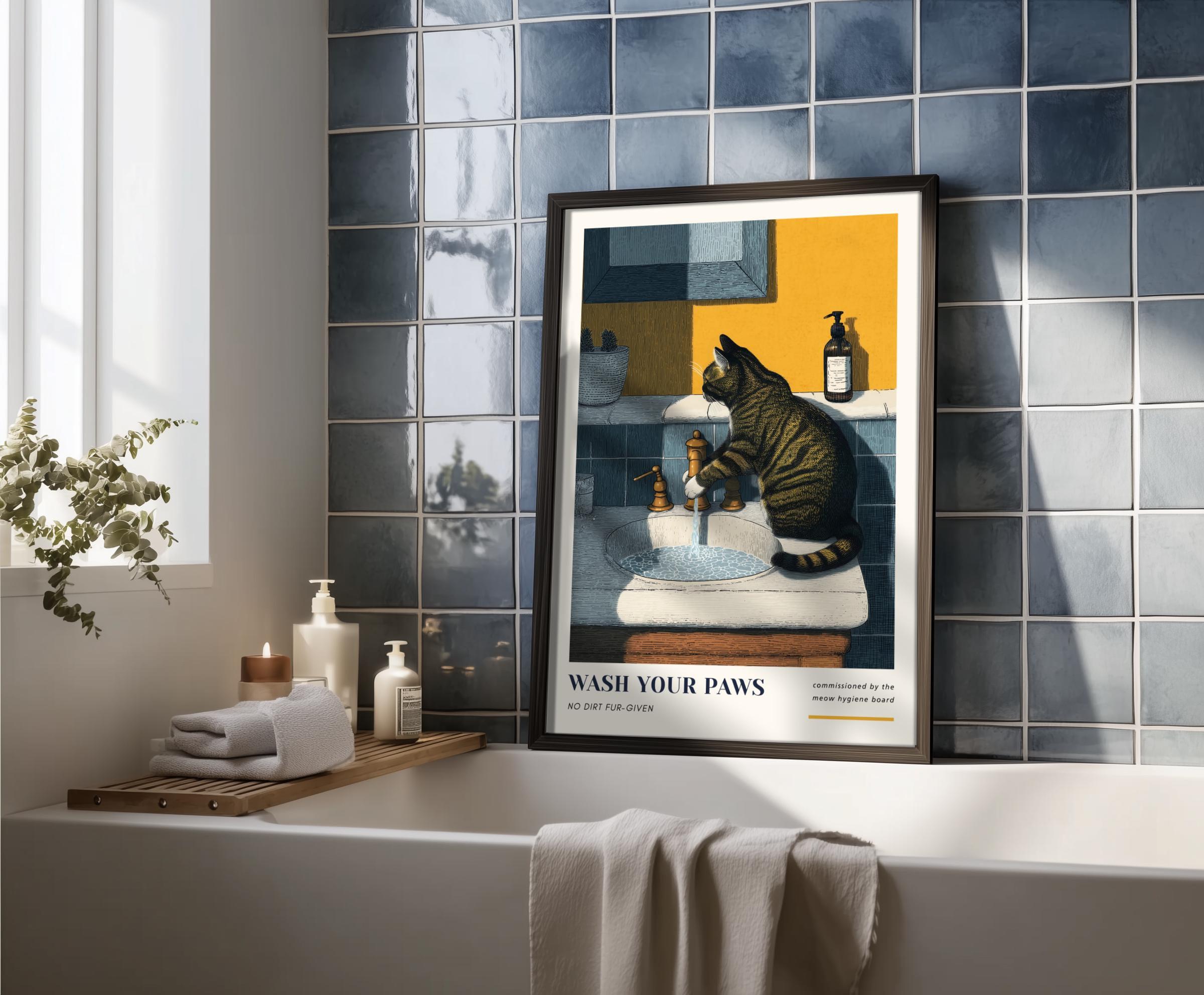 Tabby Cat Bathroom Wall Art Print – “wash Your Paws” – Grey Brown Tabby ...