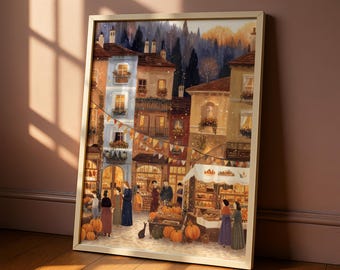 Autumn/Fall Market Wall Art Print, European Village Market Poster, Kitchen and Living Room Wall Art, Seasonal Home Decor – Harvest Market