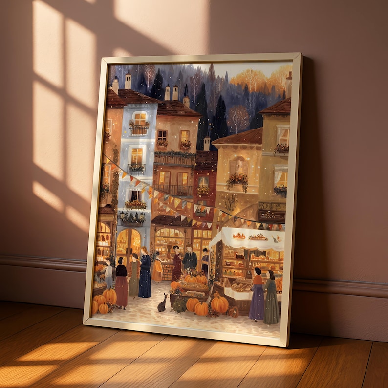 Autumn/Fall Market Wall Art Print, European Village Market Poster, Kitchen and Living Room Wall Art, Seasonal Home Decor – Harvest Market image 1