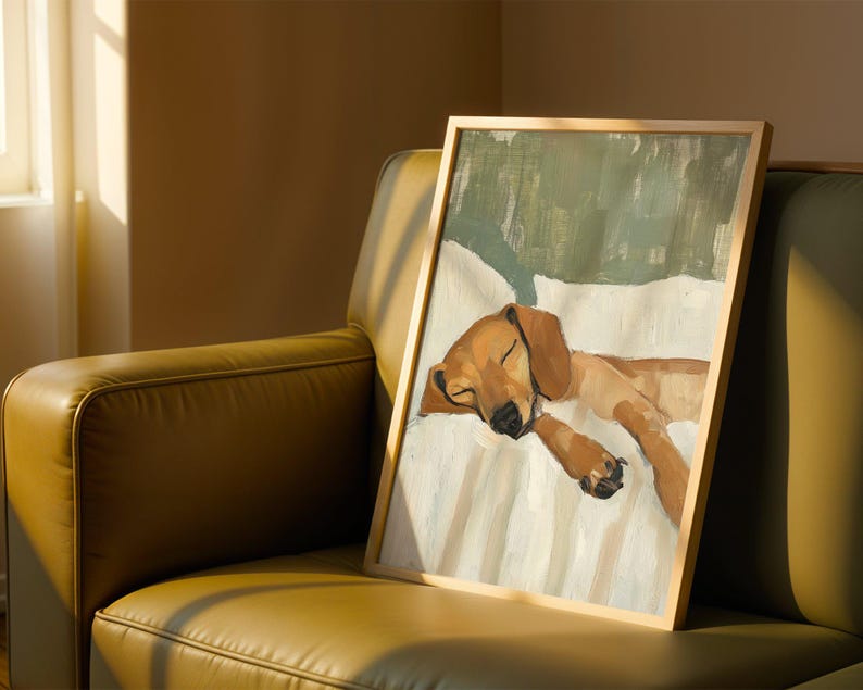 A brown dachsund sleeping on a white bed with a soft green background