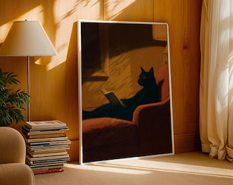 Cat Reading Book Wall Art – Black Cat Print for Book Lovers, Cat Reading Poster, Black Cat Art, Funny Cat Reading Gift, Book Lover Decor