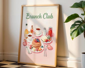 Impresión artística de brunch "Brunch Club". Póster vintage de desayuno, decoración de cocina con un toque gourmet, ilustración de panqueques, impresión artística de cafetería retro.