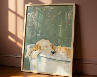 Golden retriever badkamer print - golden retriever kunst aan de muur, hond badkamer decor, golden retriever print, hondenliefhebber cadeau, spa badkamer kunst