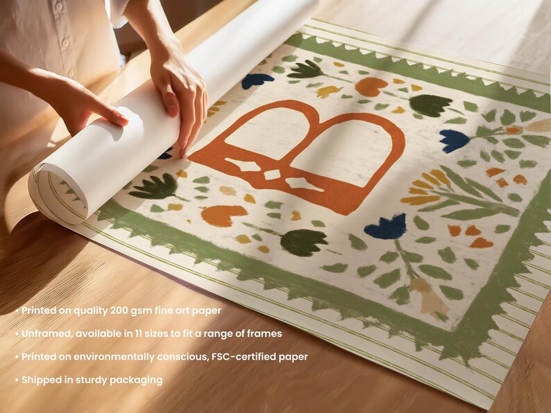 May include: A rolled print featuring a floral design with an orange letter "B" in the center. The print has a cream background with green, blue, and orange floral accents. The print is on quality 200 gsm fine art paper.
