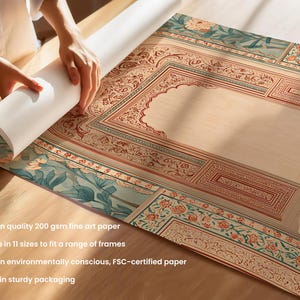 May include: An ornate art print with a beige background and intricate red and teal floral and geometric patterns. The print is being unrolled, revealing a detailed design suitable for framing. The print is on quality 200 gsm fine art paper.