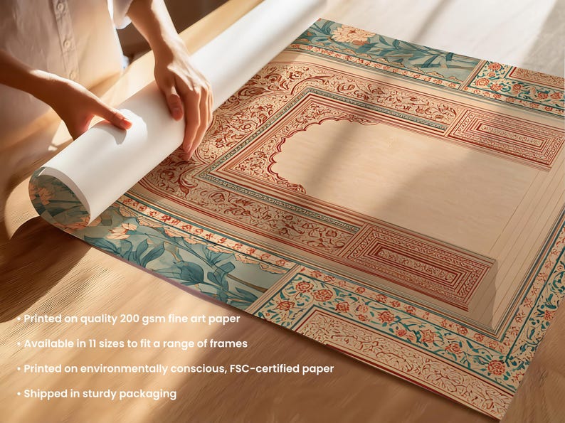 May include: An ornate art print with a beige background and intricate red and teal floral and geometric patterns. The print is being unrolled, revealing a detailed design suitable for framing. The print is on quality 200 gsm fine art paper.