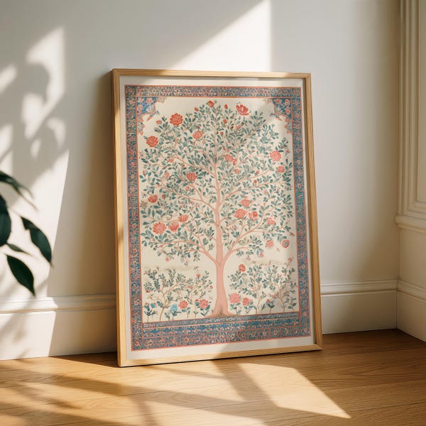 Mughal Tree of Life Wall Art – Antique Indian Floral Textile Inspired Print – Boho Vintage Decor
