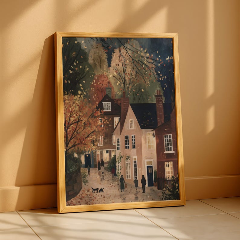 Herbst Wand Kunst Druck, Gemütliche Straßenszene, Europäisches Dorf Poster, Wohnzimmer Wandkunst, Saisonale Wohnkultur - Abendstraße Bild 9