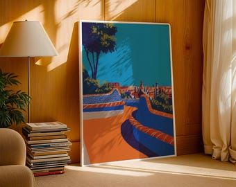 Park Guell Wall Art Print: Barcelona Travel Poster – Gaudi Mosaic Cityscape