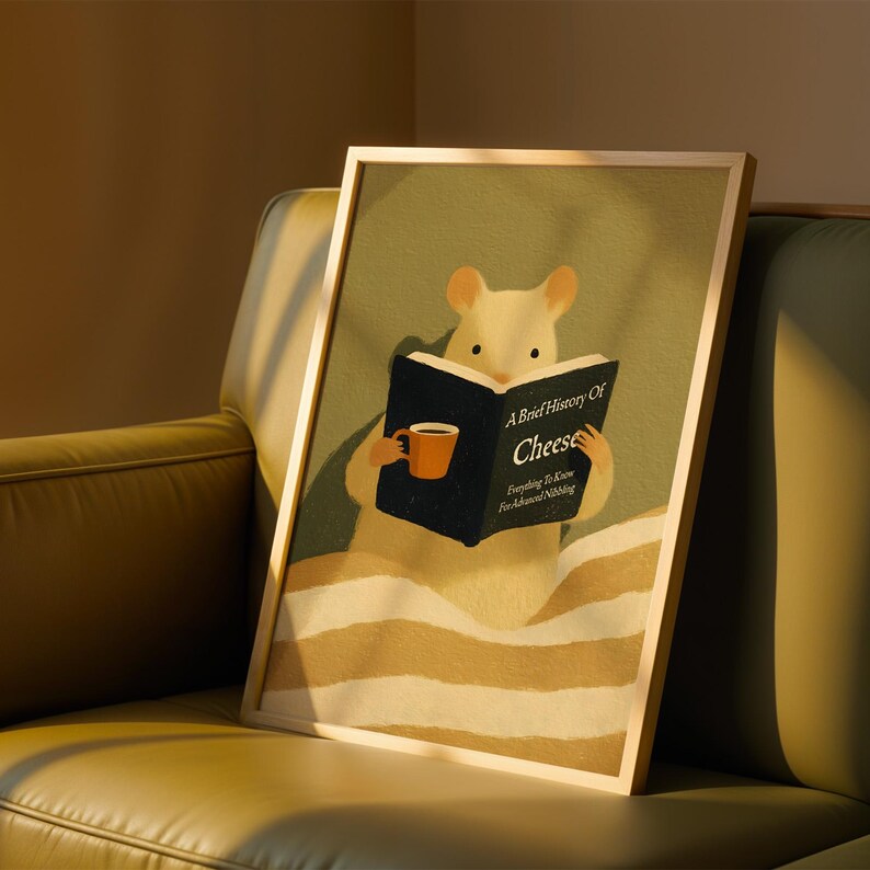 May include: Framed print depicting a cartoon mouse reading a book titled "A Brief History of Cheese." The mouse holds an orange mug. The background is light green, and the mouse is in a bed with striped bedding. The frame is wooden.