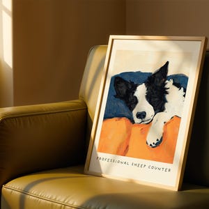 Professional Sheep Counter dog art print on yellow leather chair – quirky Border Collie poster for dog owners.