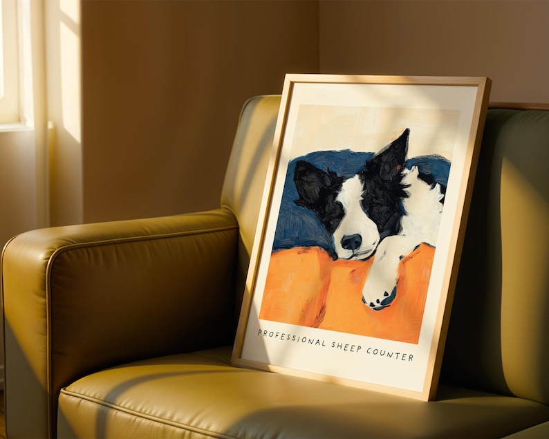 Professional Sheep Counter dog art print on yellow leather chair – quirky Border Collie poster for dog owners.