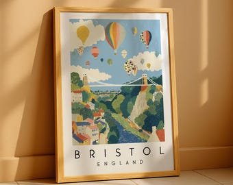 Bristol Druck, Cifton Bridge Kunst, Heißluftballon Illustration, Bristol Wandkunst, Bristol Stadtbild, Bristol Poster, Bristol Kunstdruck