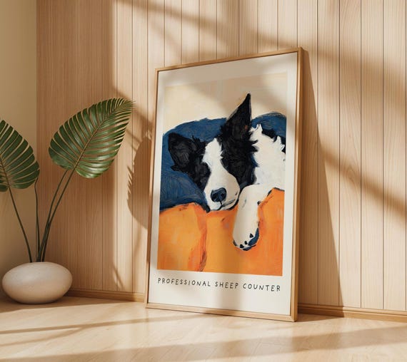 Border Collie Art Print – Cosy Bedtime Illustration with "Professional Sheep Counter" Text for Dog Lovers