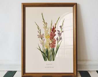 Stampa floreale di gladiolo di agosto - Arte murale botanica vintage, regalo di compleanno di agosto per lei, stampa floreale di gladiolo