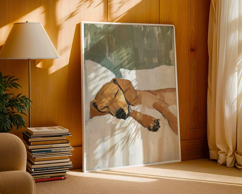 Peut inclure: Une peinture d'un chien brun et blanc dormant sur un lit blanc avec un fond vert et brun.