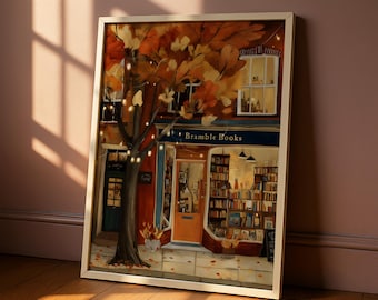 Autumn Bookstore Wall Art Print, Cozy Fall Bookshop Poster for Reading Nook, Book Lover Gift, Bookish Gifts, Warm Home Decor