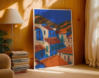 Muurkunstafdruk Spanje: mediterraan dorp – kleurrijke reisposter