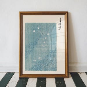 Taguchi Tomoki Blue Bird Print – Yatsuo No Tsubaki Poster – Japanese Wall Art, Swans Woodblock Print, Vintage Ukiyoe Art