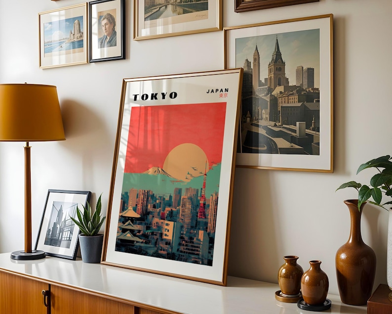 May include: A vintage-style poster with a red, orange, and blue color scheme depicting a cityscape with the text "TOKYO" and "JAPAN" in black lettering.