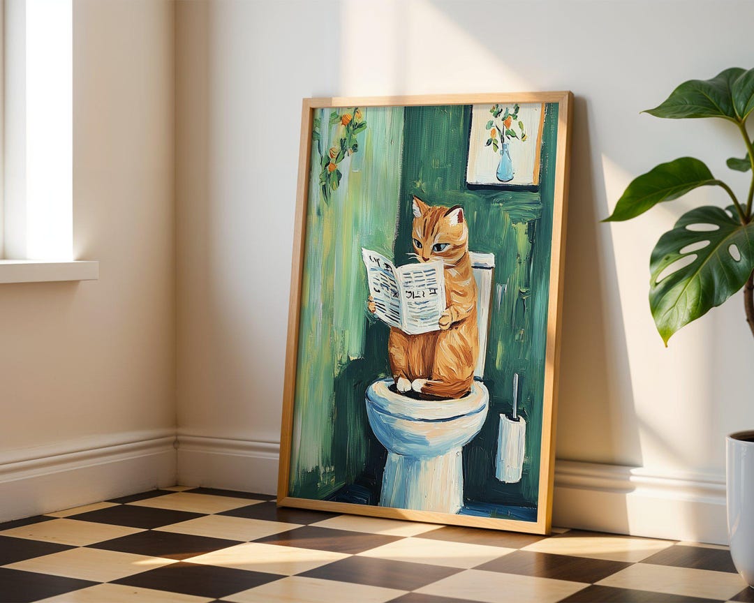 Cat on Toilet Print - Funny Bathroom Wall Art, Cat Bathroom Print, Cat ...