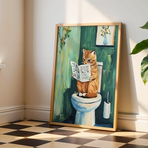 Kat op toilet print - grappige badkamer muurkunst, kat badkamer print, kattentoilet print, dopamine decor, badkamer poster, toilet kunst, kattencadeau